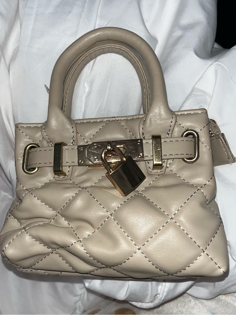 Quilted Beige Mini Top-Handle Bag with Gold Lock